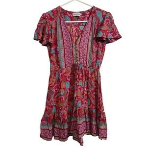 Sea Lustre Pink Floral Boho Mini Dress Tie Front Ruffle Cottagecore